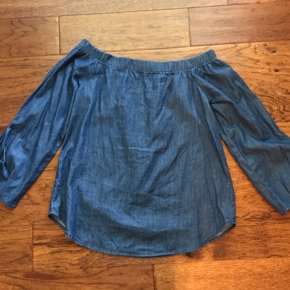 Off the shoulder denim shirt with ties on sleeve